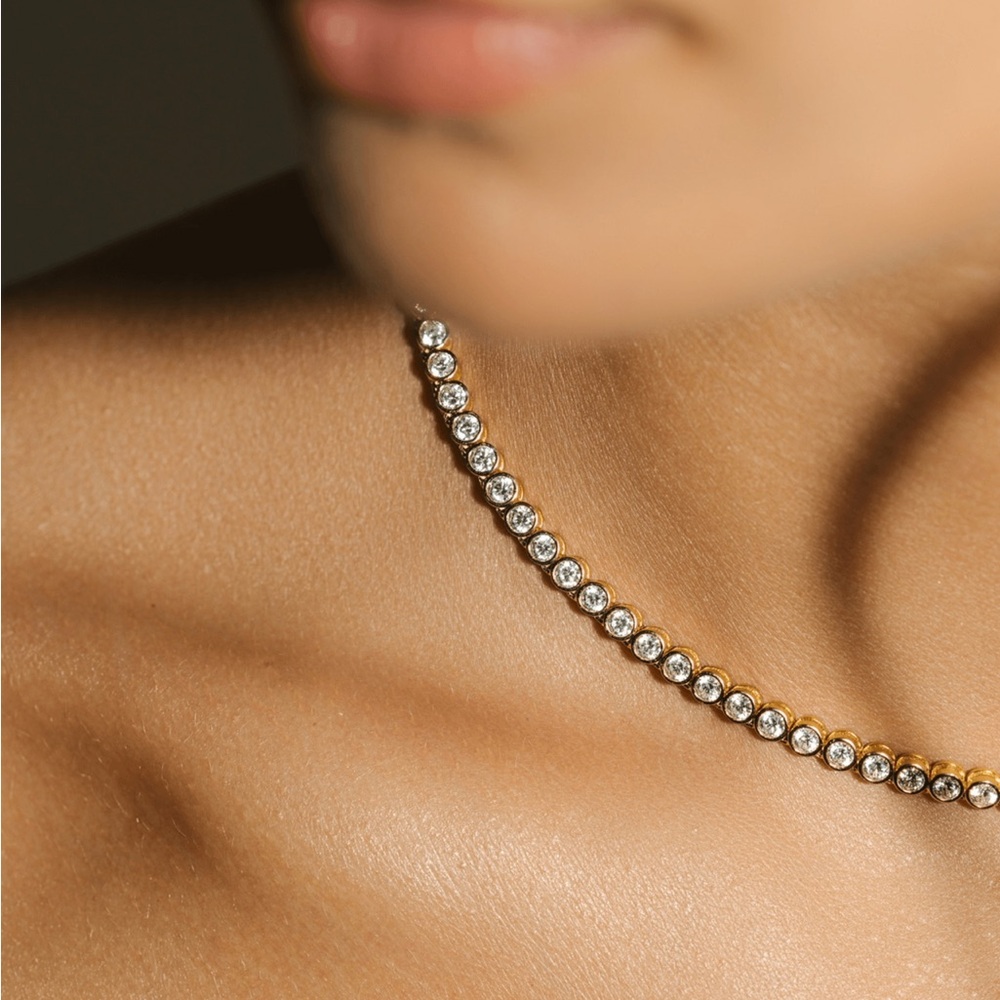 Gold Crystal Tennis Necklace - Sleek Women's Necklace